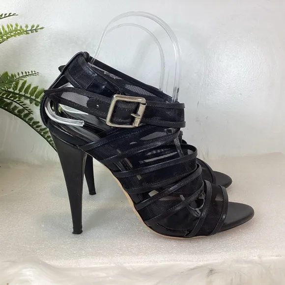 LOEFFLER RANDALL ITALY PAIGE LEATHER MESH CRISSCROSS STRAP STILETTO SANDALS 7.5