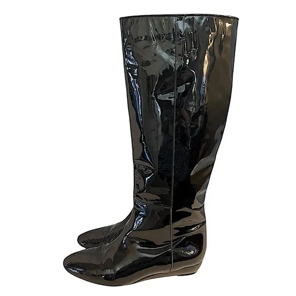 Loeffler Randall Matilde Black Patent Leather Knee Boots Pull On Slight Wedge 9