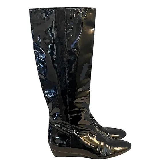 Loeffler Randall Matilde Black Patent Leather Knee Boots Pull On Slight Wedge 9