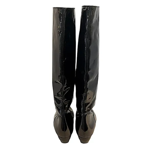 Loeffler Randall Matilde Black Patent Leather Knee Boots Pull On Slight Wedge 9