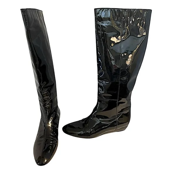 Loeffler Randall Matilde Black Patent Leather Knee Boots Pull On Slight Wedge 9