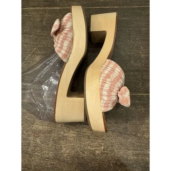 LOEFFLER RANDALL Pleated Bow‎ Heeled Sandals Gingham Wooden Size 7.5