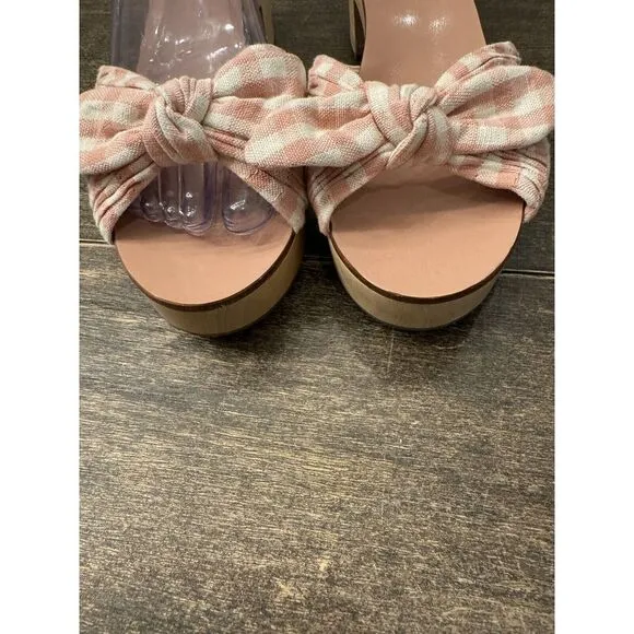 LOEFFLER RANDALL Pleated Bow‎ Heeled Sandals Gingham Wooden Size 7.5