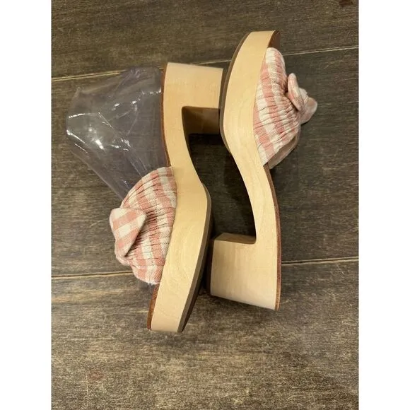 LOEFFLER RANDALL Pleated Bow‎ Heeled Sandals Gingham Wooden Size 7.5