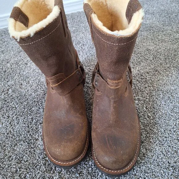 Luxe de Leon Santo Harness Brown Oiled Leather Shearling Pull On Boots 8.5 Mens
