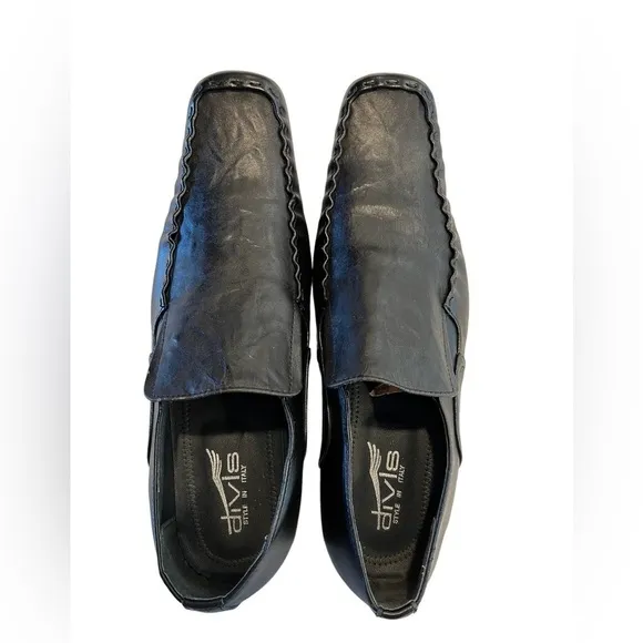 Made in Nepal Divis Black Leather Italian Rocker Goth Square Toe Loafers