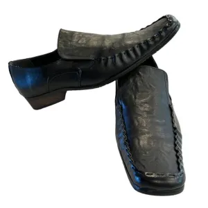 Made in Nepal Divis Black Leather Italian Rocker Goth Square Toe Loafers