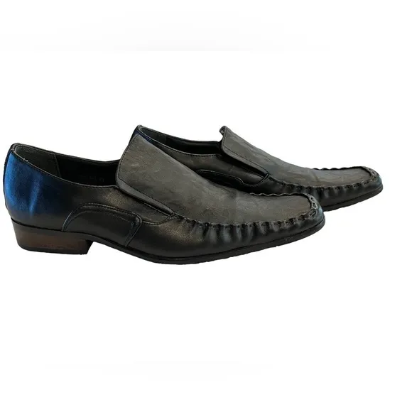 Made in Nepal Divis Black Leather Italian Rocker Goth Square Toe Loafers