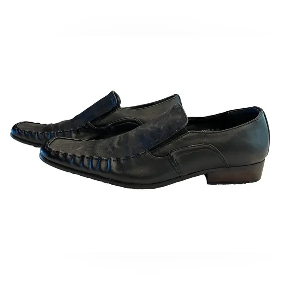 Made in Nepal Divis Black Leather Italian Rocker Goth Square Toe Loafers