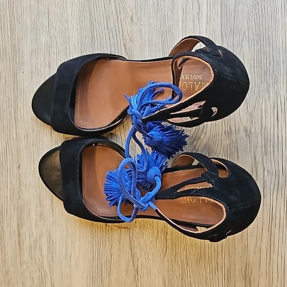Malone Souliers Black Sued Blue Tassels Ida Stiletto Sandals 39.5 / 9