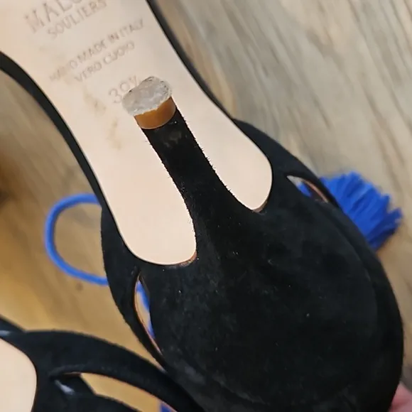 Malone Souliers Black Sued Blue Tassels Ida Stiletto Sandals 39.5 / 9