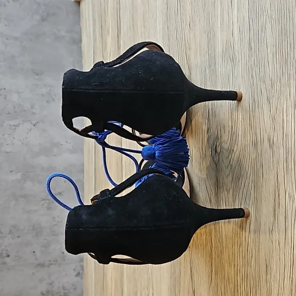 Malone Souliers Black Sued Blue Tassels Ida Stiletto Sandals 39.5 / 9
