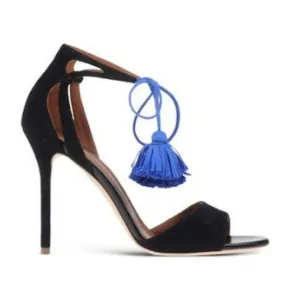 Malone Souliers Black Sued Blue Tassels Ida Stiletto Sandals 39.5 / 9