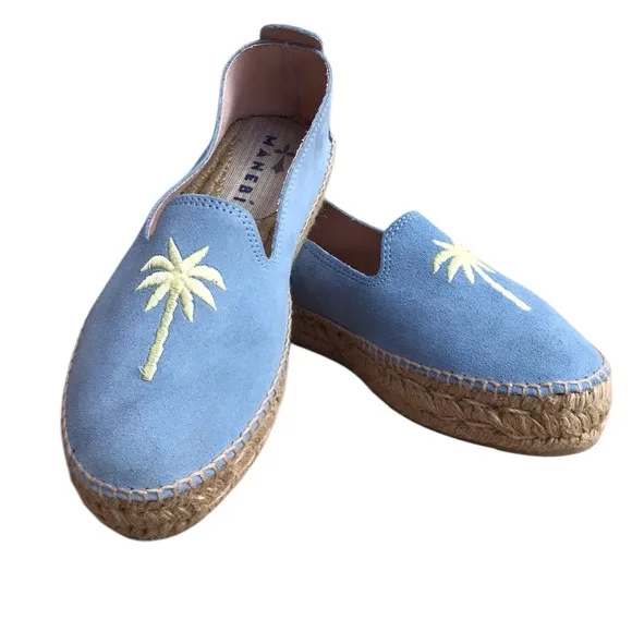 Manebi Hamptons Placid Blue Palm Espadrilles Made In Spain Size 39