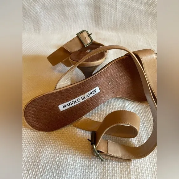 Manolo Blahnik nude ankle strap sandals