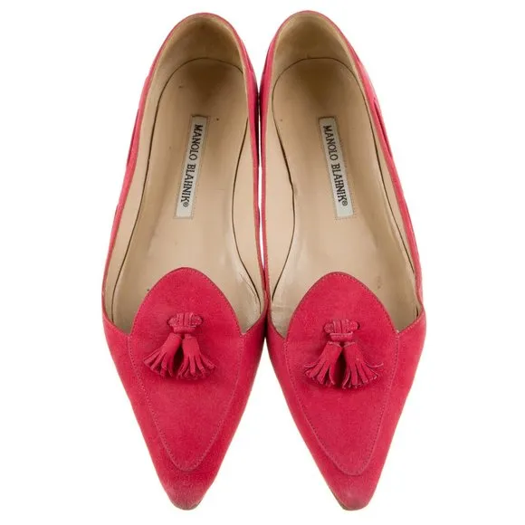 Manolo Blahnik pink suede tassel accent pointed toe flat loafers size 36.5