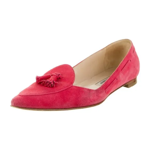 Manolo Blahnik pink suede tassel accent pointed toe flat loafers size 36.5