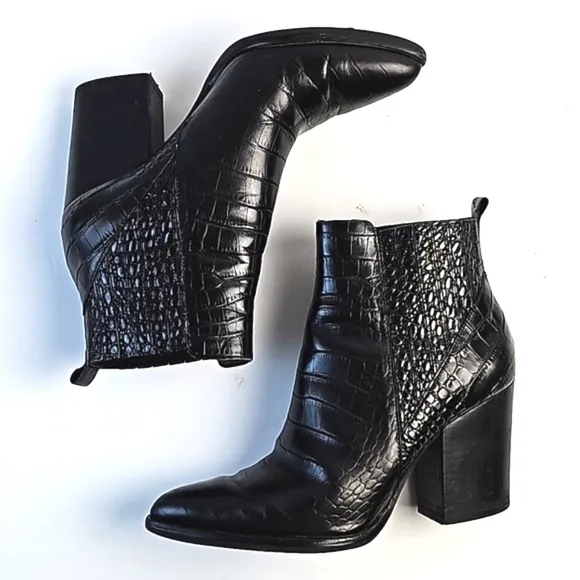 Marc Fisher Alva Black Croc Embossed Leather Pointed Toe Pull-on Block H…