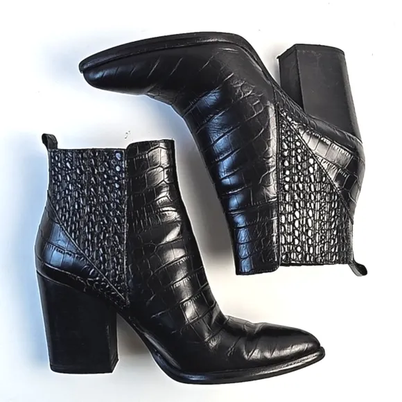 Marc Fisher Alva Black Croc Embossed Leather Pointed Toe Pull-on Block H…