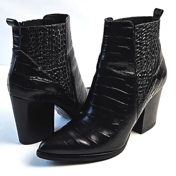 Marc Fisher Alva Black Croc Embossed Leather Pointed Toe Pull-on Block H…
