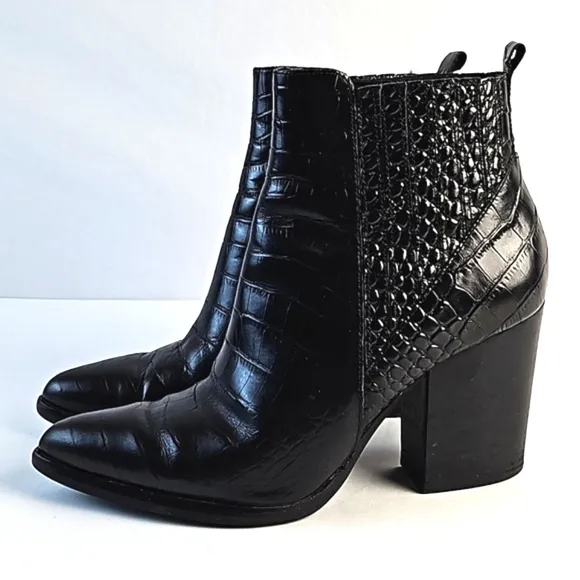 Marc Fisher Alva Black Croc Embossed Leather Pointed Toe Pull-on Block H…