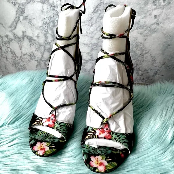 MARC FISHER Floral Strappy Lace Uo High Heel Sandals Women’s 8