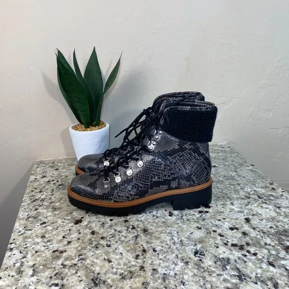 MARC FISHER ISALIA GREY SNAKE COMBAT BOOTS