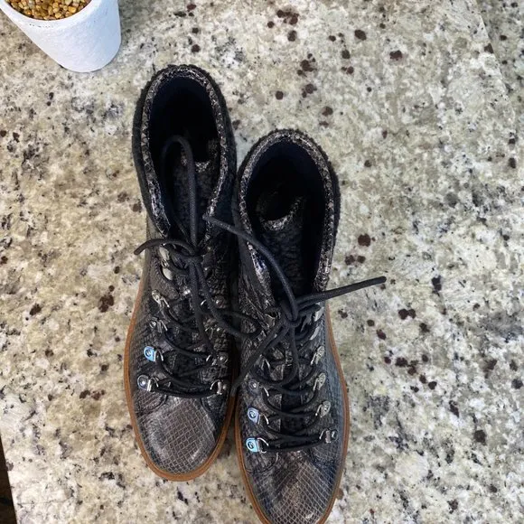 MARC FISHER ISALIA GREY SNAKE COMBAT BOOTS