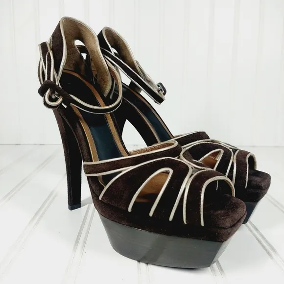MARNI BROWN LEATHER PLATFORM ANKLE STRAP SANDALS D161