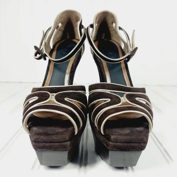 MARNI BROWN LEATHER PLATFORM ANKLE STRAP SANDALS D161