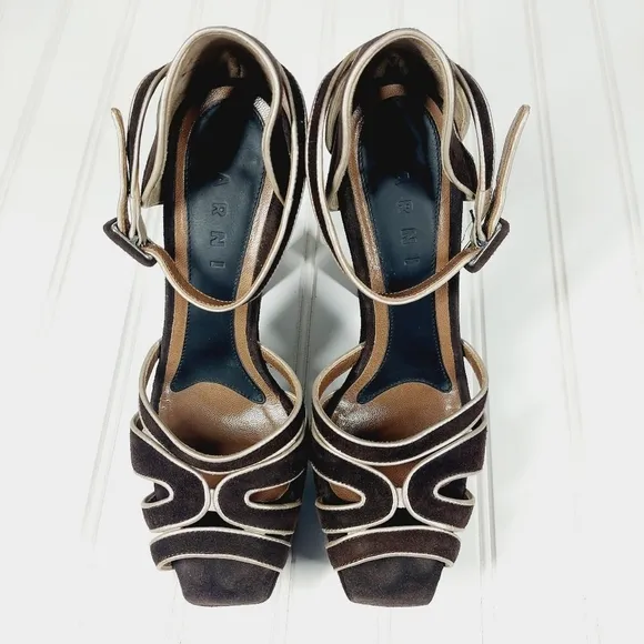 MARNI BROWN LEATHER PLATFORM ANKLE STRAP SANDALS D161