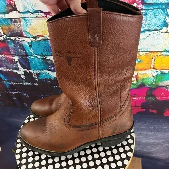 Mason Western Brown Leather Pull On Boots Size 9D