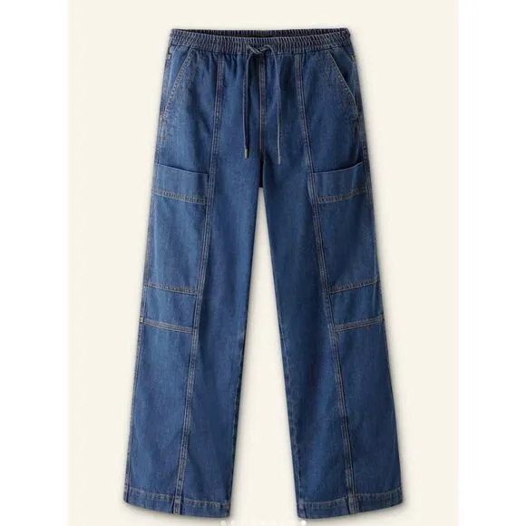 ME EM Blue Cargo Travel Jeans Wide Leg Pull On Stretchy Cotton Denim 2