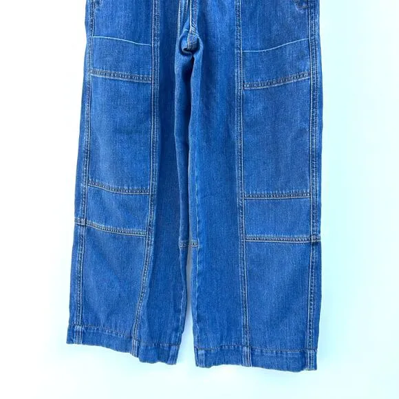 ME EM Blue Cargo Travel Jeans Wide Leg Pull On Stretchy Cotton Denim 2