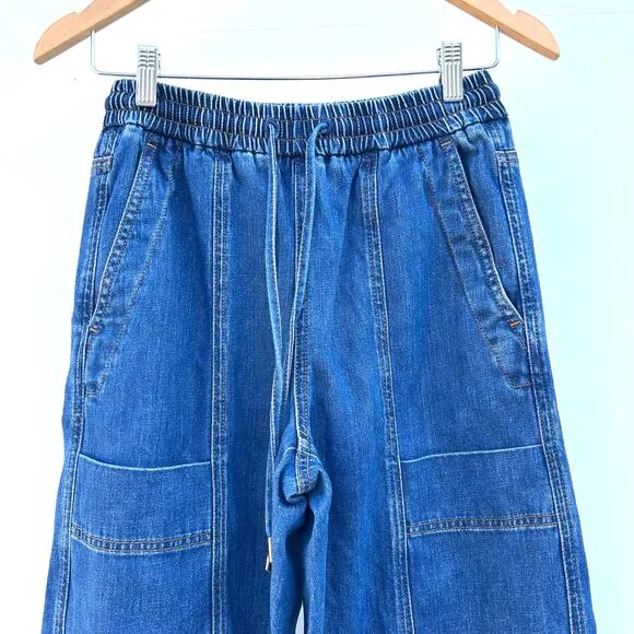 ME EM Blue Cargo Travel Jeans Wide Leg Pull On Stretchy Cotton Denim 2