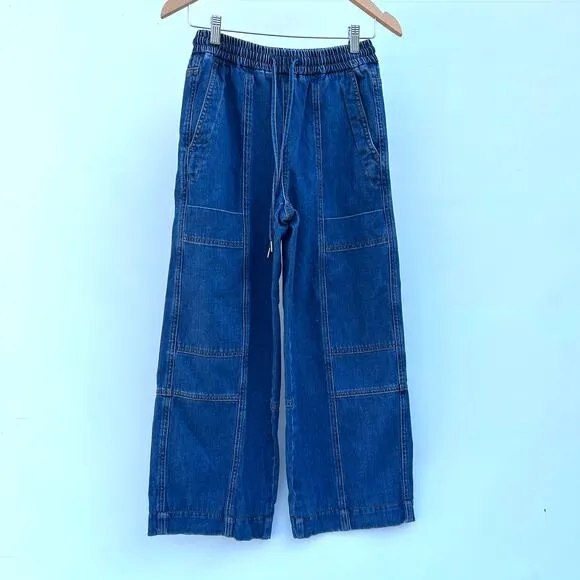 ME EM Blue Cargo Travel Jeans Wide Leg Pull On Stretchy Cotton Denim 2