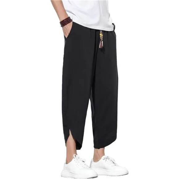 Men's Casual Linen Capri Pants Wide Leg Baggy Cotton Harem Trouser Loose Short