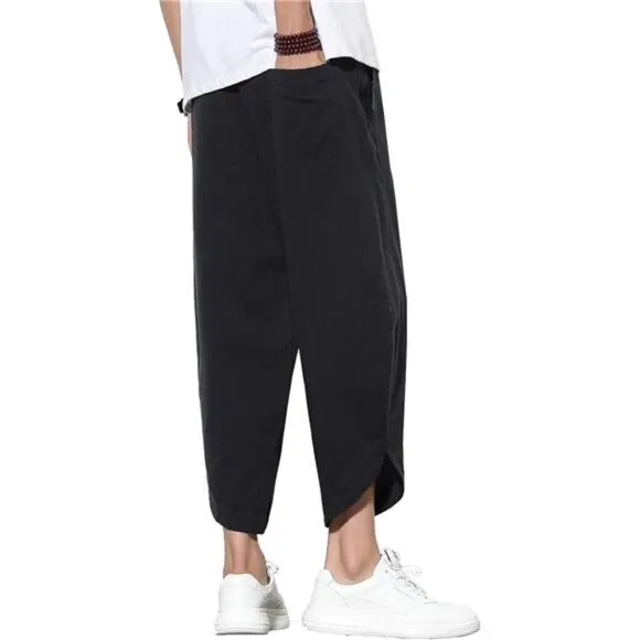 Men's Casual Linen Capri Pants Wide Leg Baggy Cotton Harem Trouser Loose Short