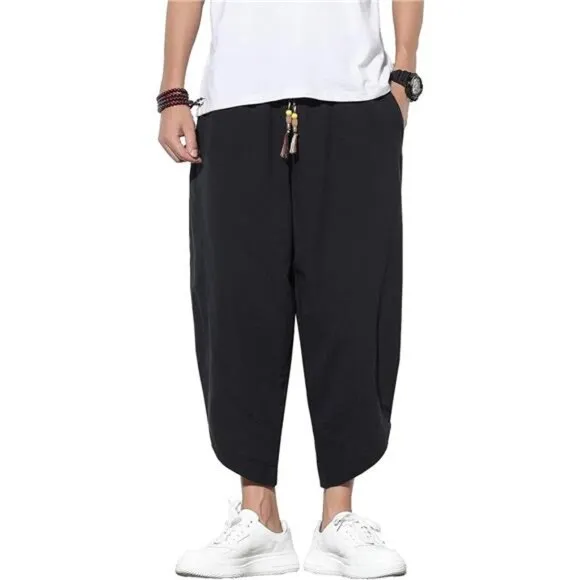 Men's Casual Linen Capri Pants Wide Leg Baggy Cotton Harem Trouser Loose Short