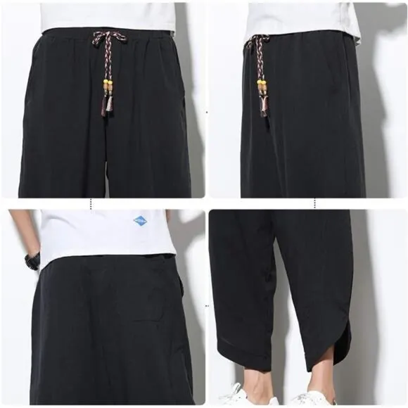Men's Casual Linen Capri Pants Wide Leg Baggy Cotton Harem Trouser Loose Short