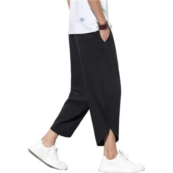 Men's Casual Linen Capri Pants Wide Leg Baggy Cotton Harem Trouser Loose Short