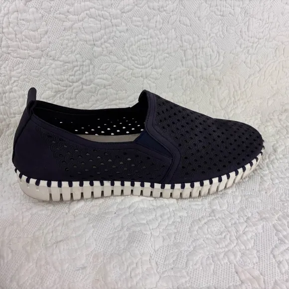 Mens Ilse Jacobsen Tulip Flats Slip On Microfiber Cut Outs Navy EU43/US 9-9.5