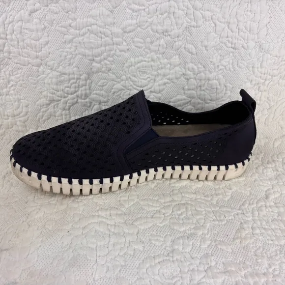 Mens Ilse Jacobsen Tulip Flats Slip On Microfiber Cut Outs Navy EU43/US 9-9.5