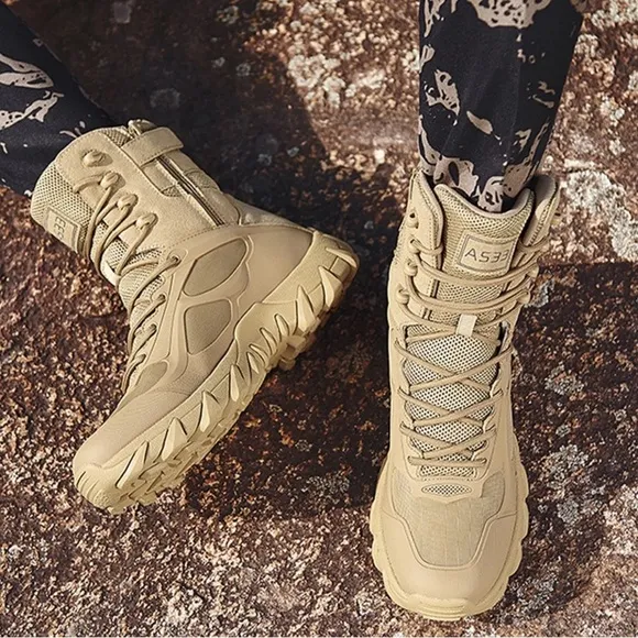 Mens Tan Slip Resistant Army Combat Boots Desert Military Tactical Hiking Shoes