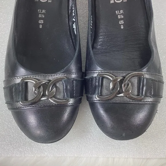 MEPHISTO FRANCE LEATHER CHAIN DETAIL FLATS BLACK EUC SZ 8