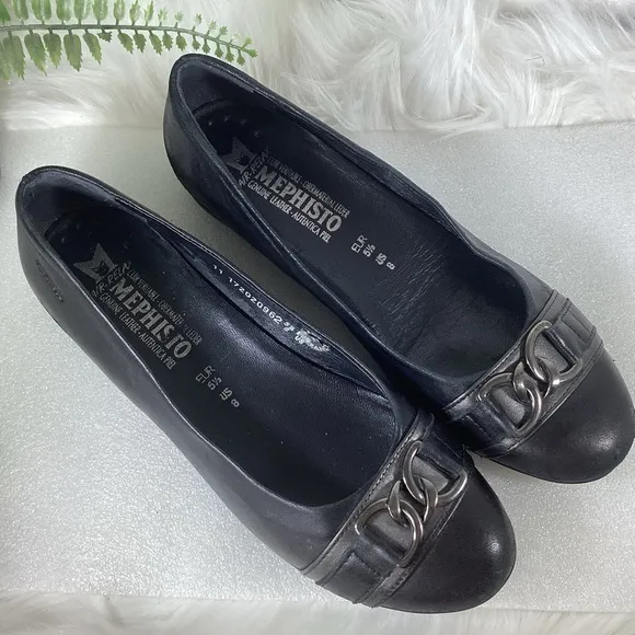 MEPHISTO FRANCE LEATHER CHAIN DETAIL FLATS BLACK EUC SZ 8