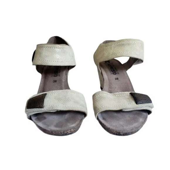 Mephisto Jackie Wedge Heel Sandals 38 Light Sand Snakeprint Leather Ankle Strap