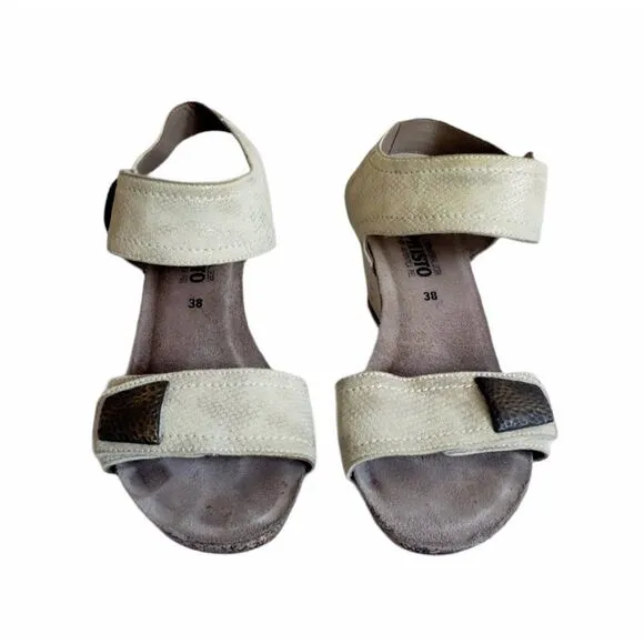 Mephisto Jackie Wedge Heel Sandals 38 Light Sand Snakeprint Leather Ankle Strap