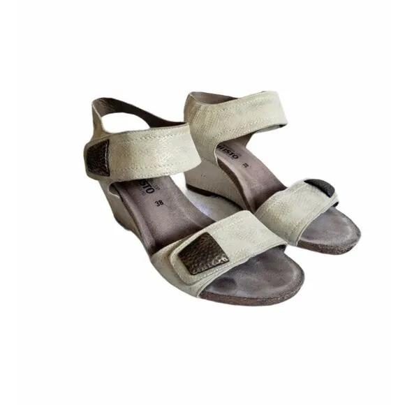 Mephisto Jackie Wedge Heel Sandals 38 Light Sand Snakeprint Leather Ankle Strap
