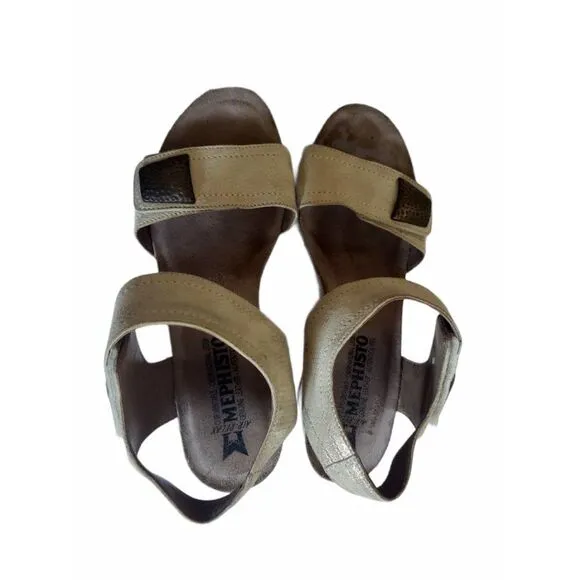 Mephisto Jackie Wedge Heel Sandals 38 Light Sand Snakeprint Leather Ankle Strap